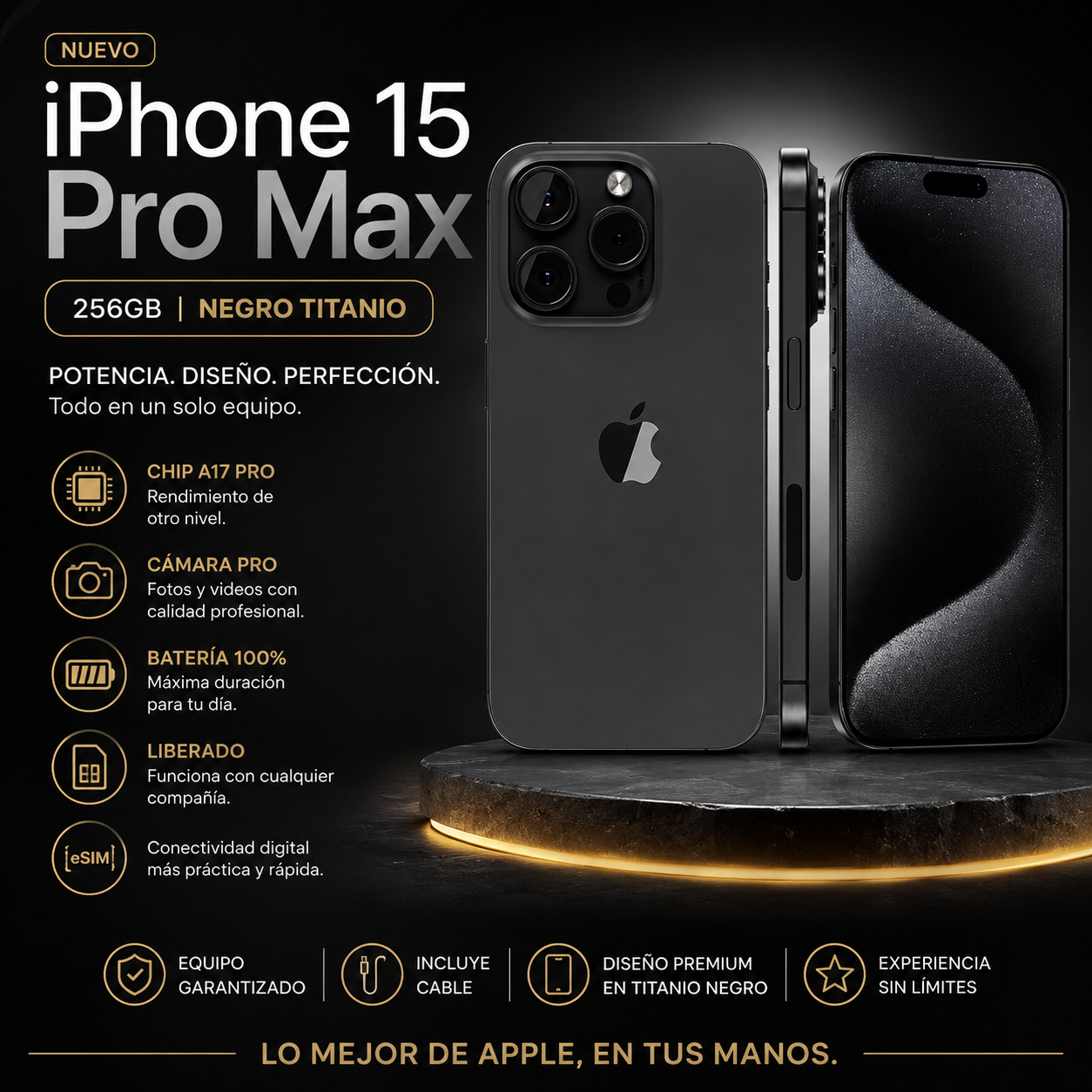 iPhone 15 Pro Max 256GB Negro Reacondicionado | 100% Batería | Liberado de Chip