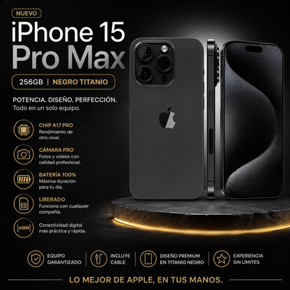 iPhone 15 Pro Max 256GB Negro Reacondicionado | 100% Batería | Liberado de Chip